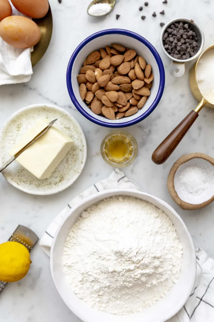 Ingredients for a recipe for almond butter cookies.