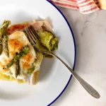 A plate of asparagus and ham pie with a fork.