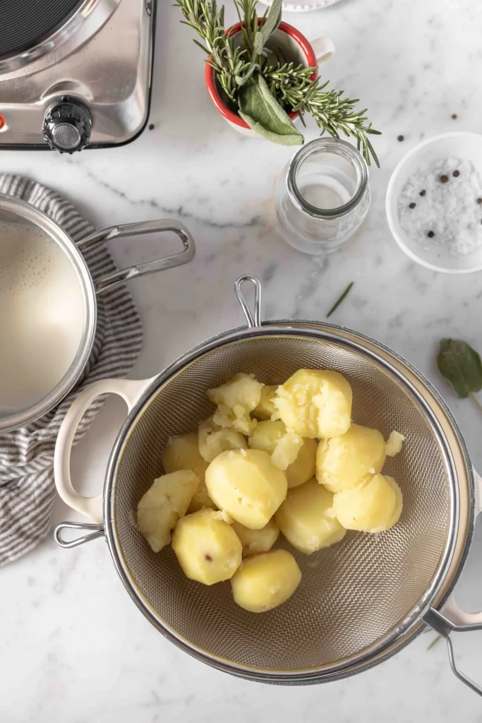 A stainless steel pot filled with mashed potatoes and herbs next to it.